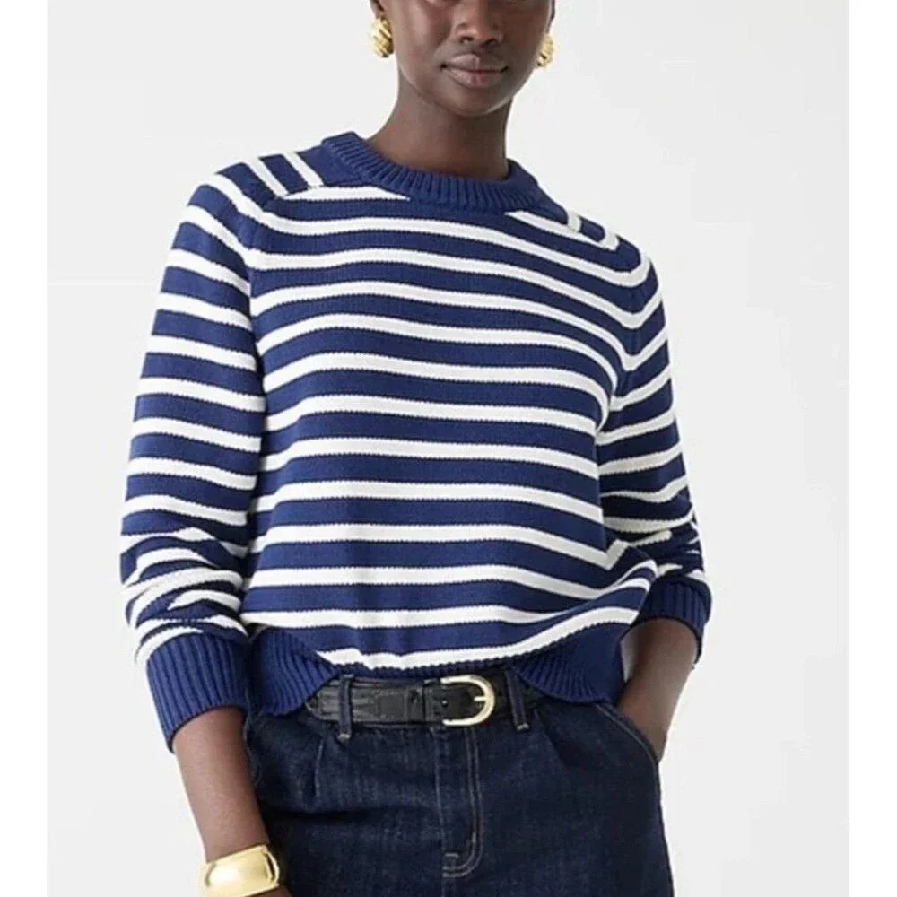 NWT J.Crew Relaxed Stripe Crewneck Sweater Womens Chunky Knit Nautical Fisherman